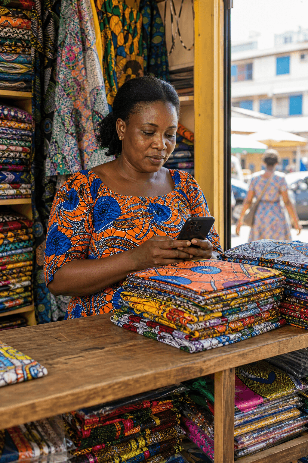 Fabric shop owner sending messages from her counter
